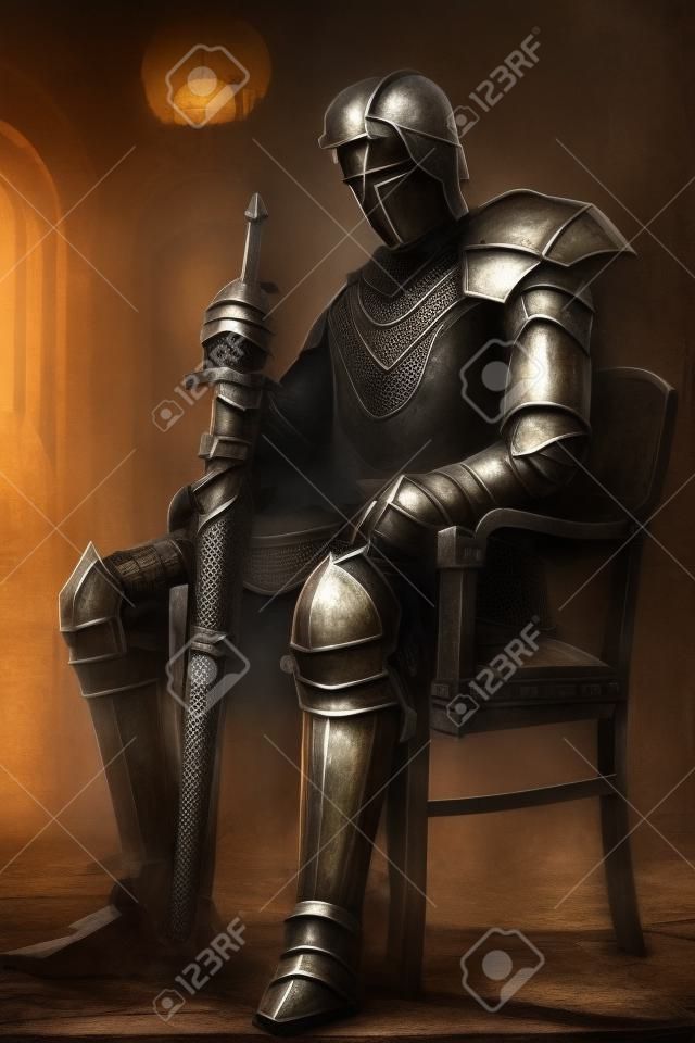 古代的騎士在金屬鎧裝在皇宮坐在木椅