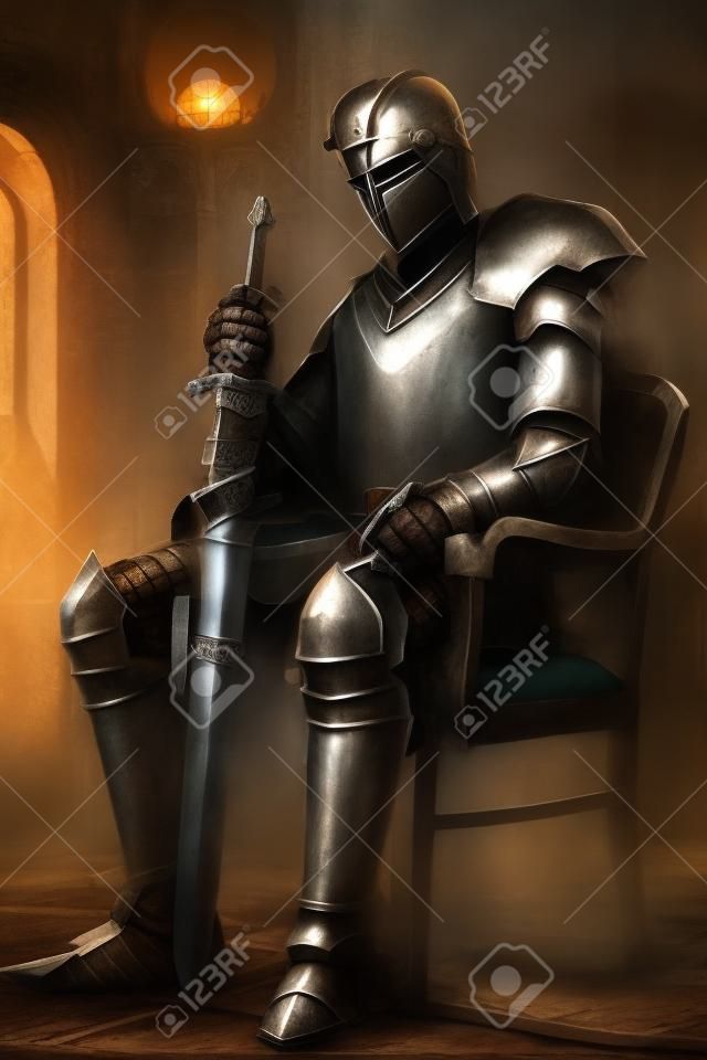 古代的騎士在金屬鎧裝在皇宮坐在木椅