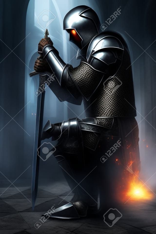 Древний рыцарь в доспехах с металлической меч, стоя на одном колене во дворце