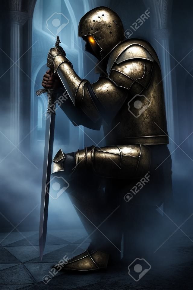 Starożytny rycerz w metalowej zbroi z mieczem stojącego na jednym kolanie w pałacu