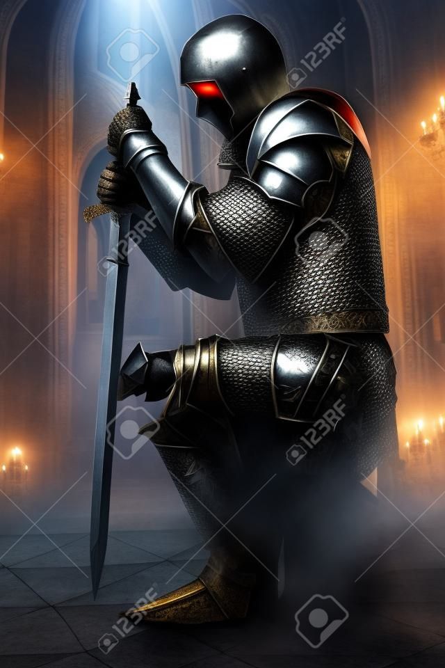 Alten Ritter in Rüstung mit Schwert Metall steht auf einem Knie in einem Palast