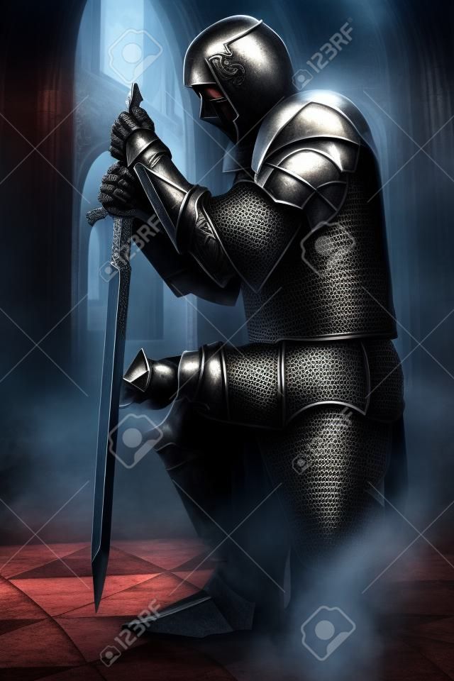 Chevalier en armure antique métallique avec l'épée, debout sur un genou dans un palais