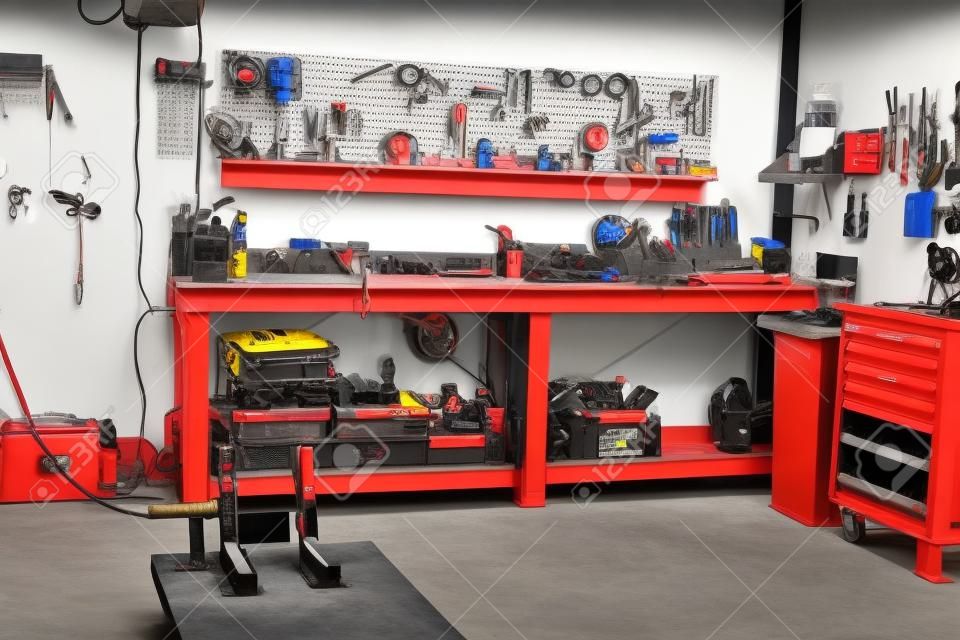 Garage, service zone for disassembling, repairing motorcycles, station for technical servicing vehicle Inside workshop with large workbench, large number of tools for machining.  wrenches on the wall