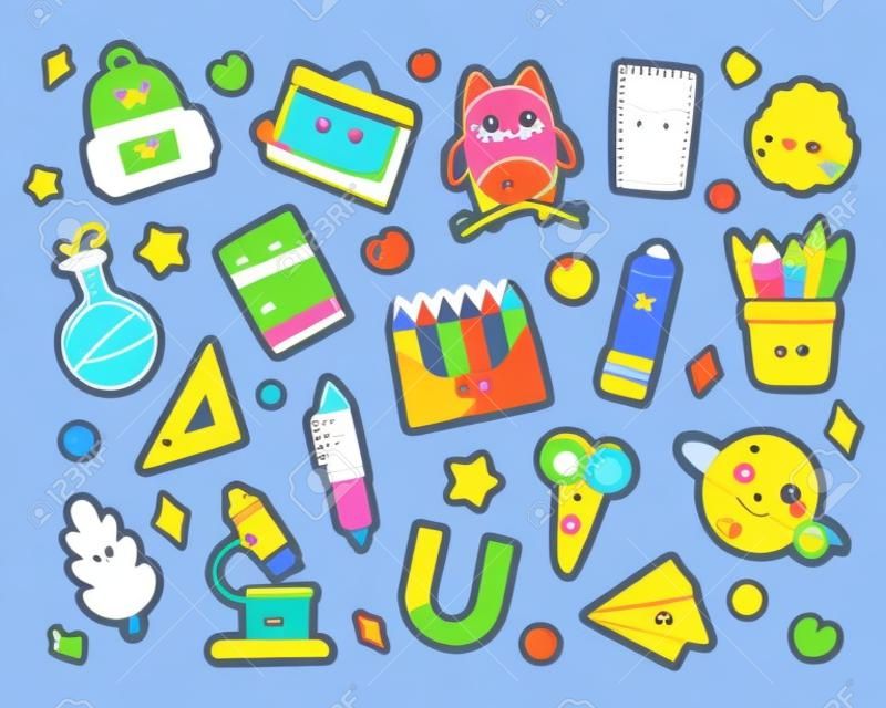 Set of kawaii school supplies, back to school or learning concept, cute cartoon characters - pencil, backpack, flasks, book, planete. Childrens vector flat illustration of education