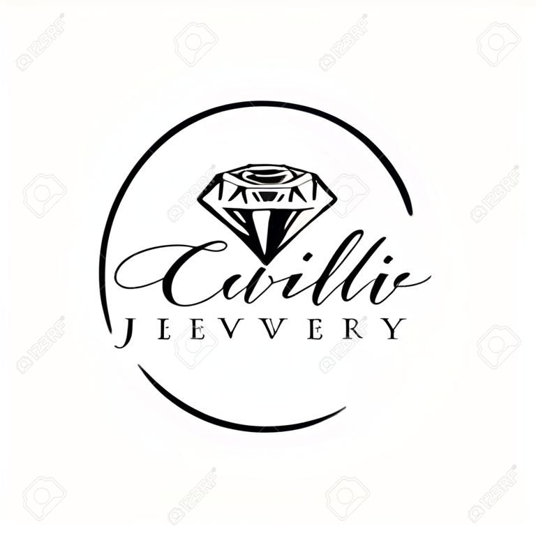 Logo for a jewelry company or store with outline crystal or diamond, precious stone, gem and text - company name - vector illustration for cards, business identity