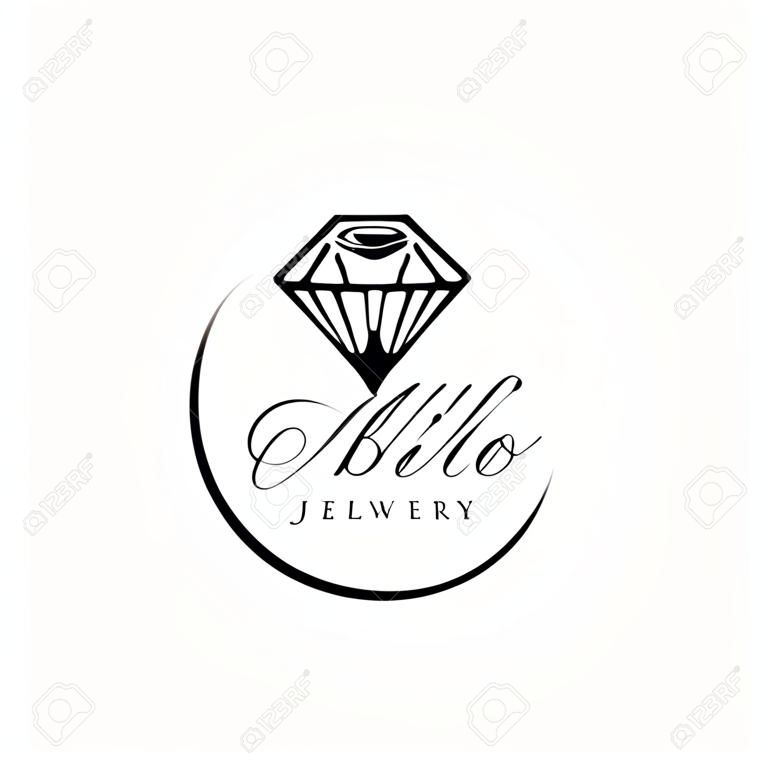 개요 크리스탈 또는 다이아몬드, 보석, 보석 및 텍스트가 있는 보석 회사 또는 상점 로고 - 회사 이름 - 카드, 비즈니스 ID에 대한 벡터 그림