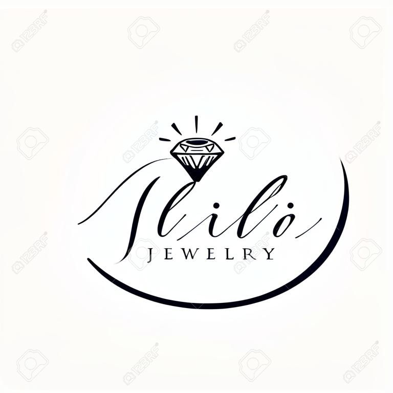 Logo pour une entreprise de bijouterie ou un magasin avec contour cristal ou diamant, pierre précieuse, gemme et texte - nom de l'entreprise - illustration vectorielle pour cartes, identité d'entreprise