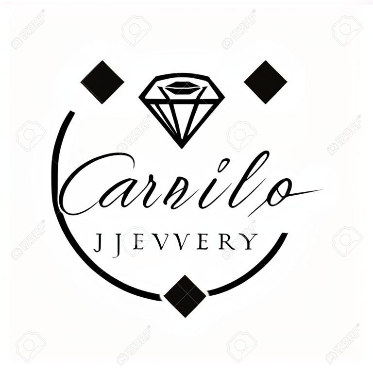 Logo for a jewelry company or store with outline crystal or diamond, precious stone, gem and text - company name - vector illustration for cards, business identity