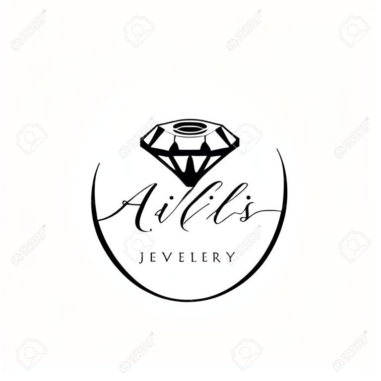 Logo dla firmy jubilerskiej lub sklepu z zarysem kryształu lub diamentu, kamieniem szlachetnym, klejnotem i tekstem - nazwa firmy - ilustracja wektorowa dla kart, tożsamości biznesowej