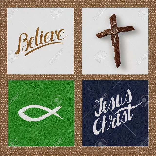 Christian symbols. Cross. Inscriptions made by hand, Believe, Jesus Christ.