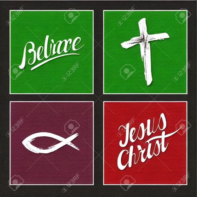Christian symbols. Cross. Inscriptions made by hand, Believe, Jesus Christ.