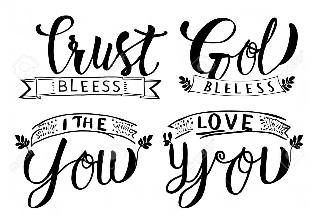 4 Hand lettering God Bless you. God loves you. Trust in the Lord. You are important to God. Biblical background. Christian poster. Card. Modern calligraphy