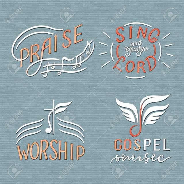 Set with 4 hand lettering logo Sing the Lord, Praise, Worship, Gospel music.