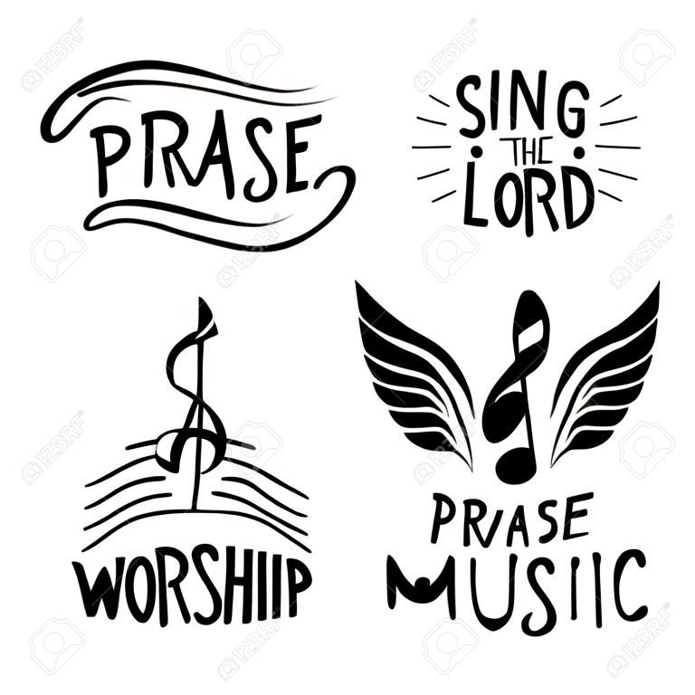 Set with 4 hand lettering logo Sing the Lord, Praise, Worship, Gospel music.
