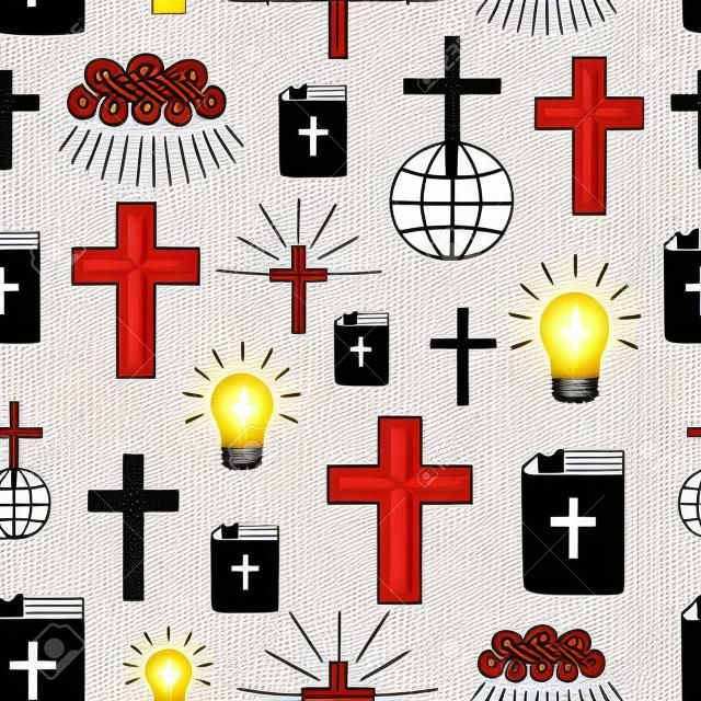Seamless pattern with symbols Cross on globe, Bible, glowing light bulb.