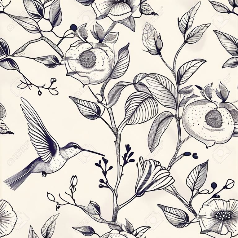 새와 꽃 벡터 스케치 패턴입니다. 벌새와 꽃, 복고 스타일, 자연 배경. 웹, 포장지, 커버, 섬유, 직물, 벽지용 빈티지 흑백 꽃 디자인