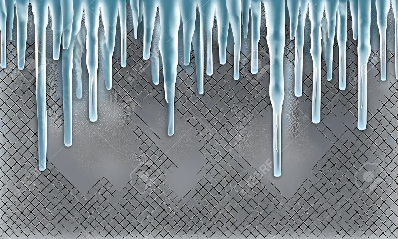 Seamless border with realistic icicles over transparent background. Design template for merry christmas. Vector illustration.