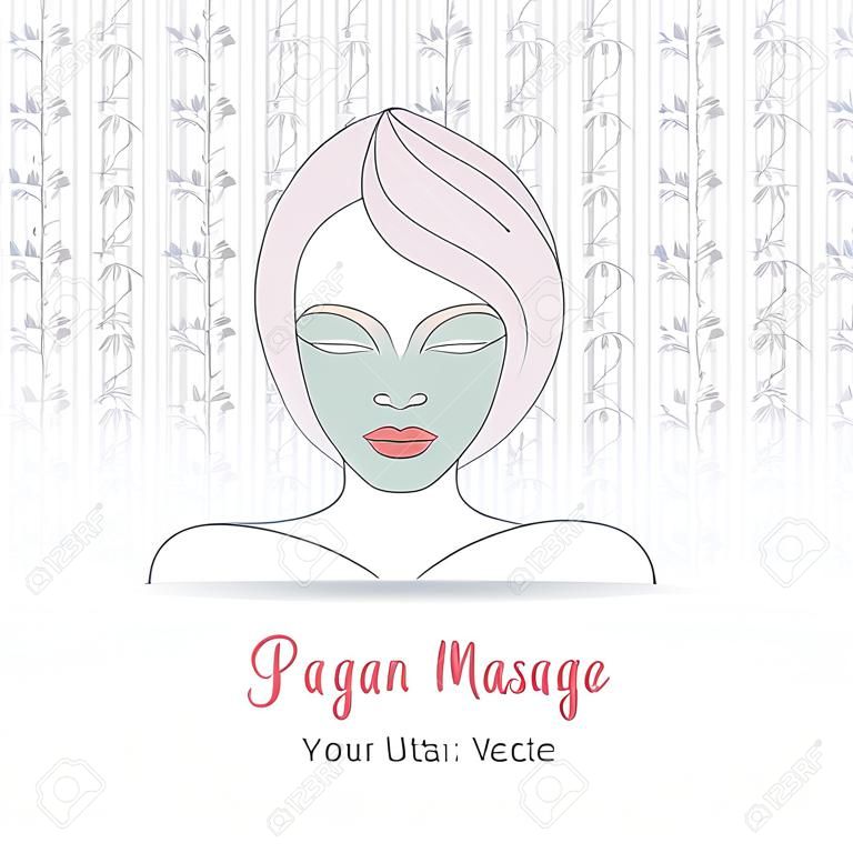 Hand drawn beautiful woman with facial mask. Branding identity elements. Concept for beauty salon, massage, cosmetic and spa. Isolated high quality vector graphic. Easy to use business template.