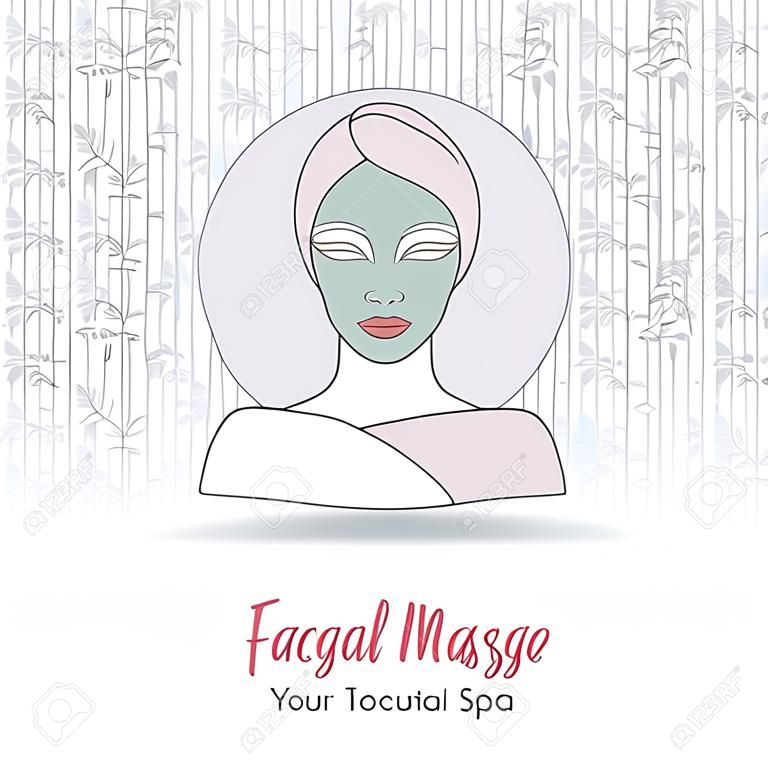 Hand drawn beautiful woman with facial mask. Branding identity elements. Concept for beauty salon, massage, cosmetic and spa. Isolated high quality vector graphic. Easy to use business template.