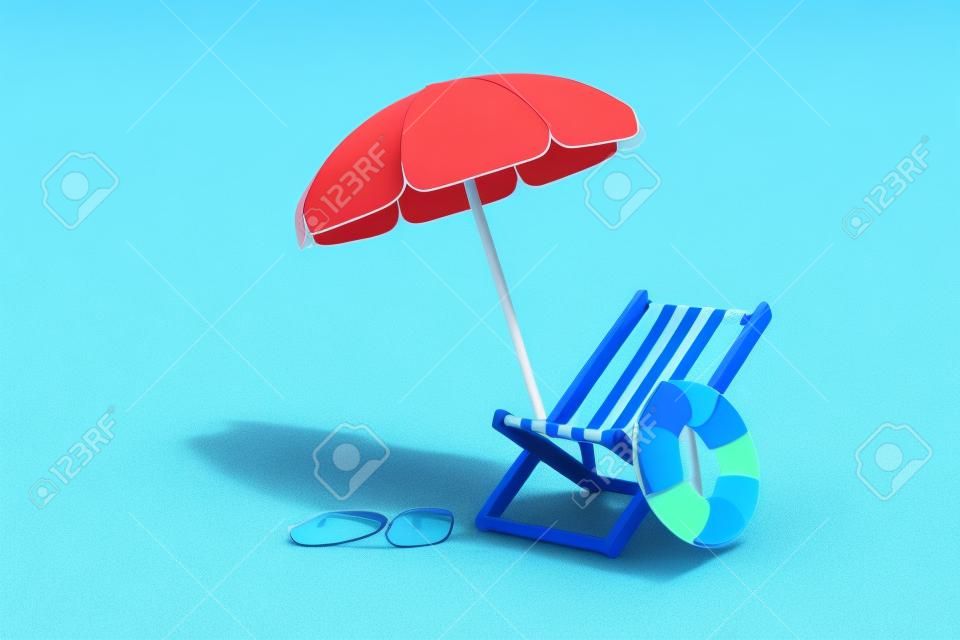 Representación 3d del concepto de vacaciones de verano con silla de playa y sombrilla aislado sobre fondo azul, elementos de verano, estilo minimalista.3d render.
