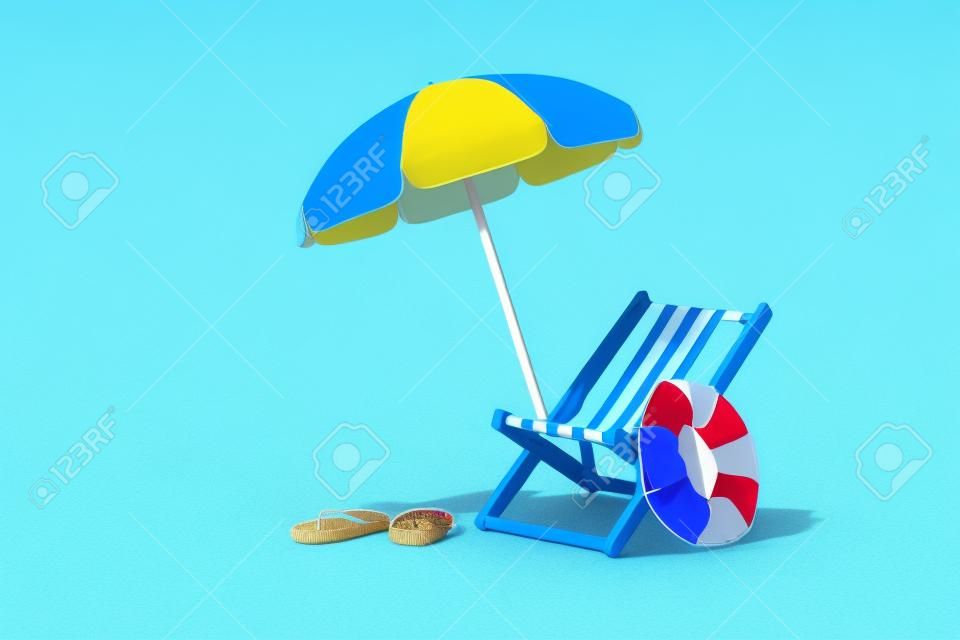 파란색 배경, 여름 요소, 최소 style.3d 렌더링에 격리된 해변 의자와 우산을 갖춘 여름 휴가 개념의 3d 렌더링.