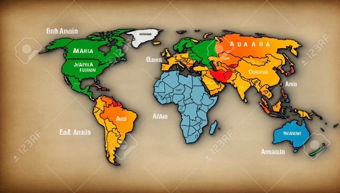 Mapa Del Mundo De Color Continentes Y Nombre Del País Ilustraciones svg,  vectoriales, clip art vectorizado libre de derechos. Image 28110850