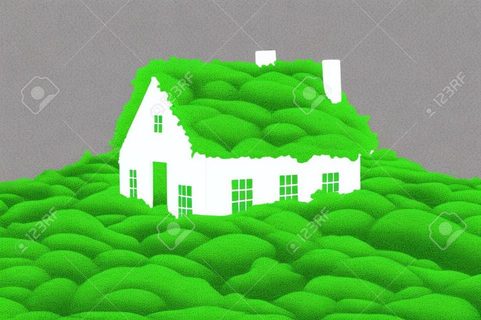 White house on moss copy space background in garden illustration from generative ai