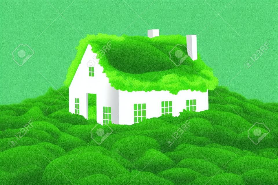 White house on moss copy space background in garden illustration from generative ai