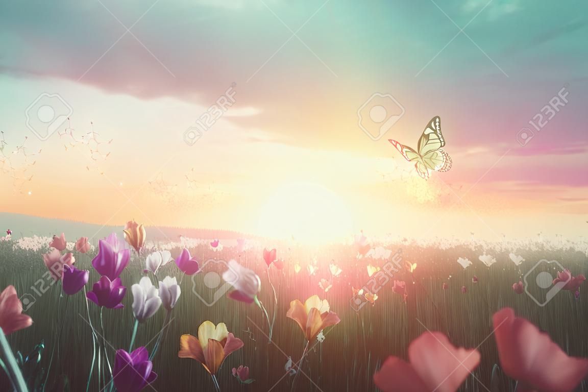 spring meadow with sun illustration from generative ai