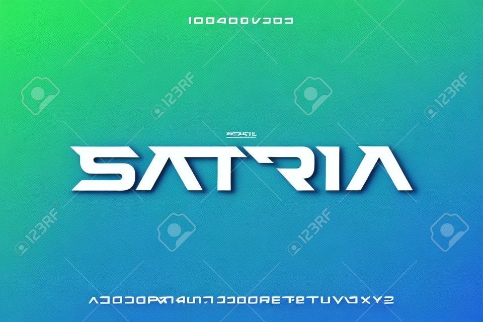 Satria, un carattere alfabeto tema sportivo tecnologia astratta. disegno di illustrazione vettoriale di tipografia spaziale digitale