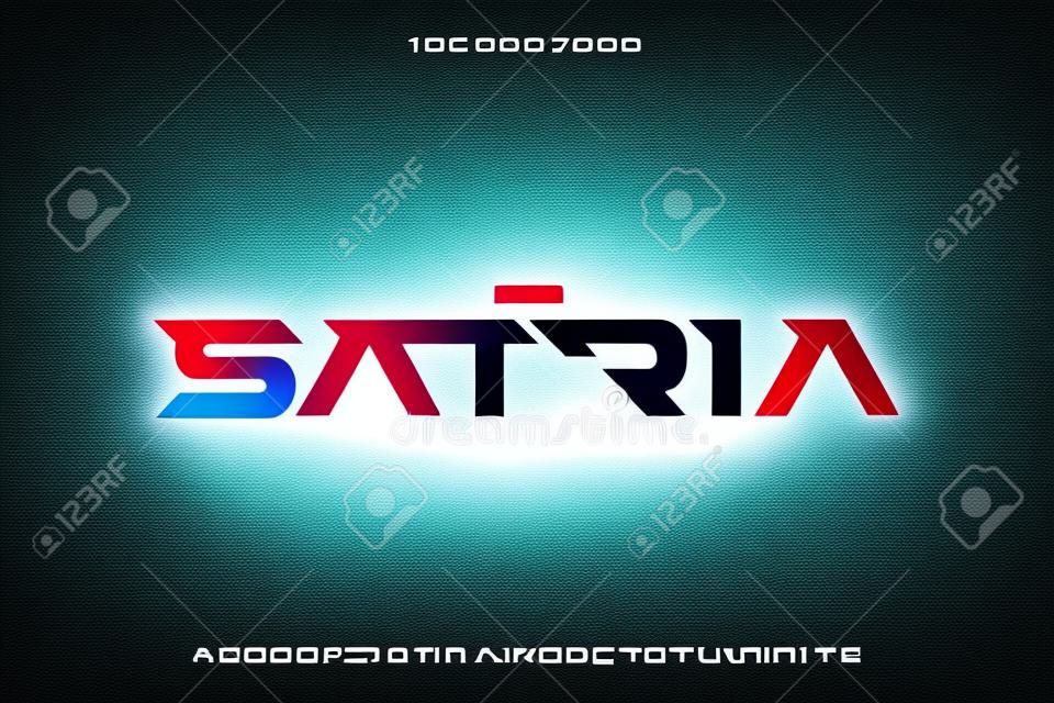 Satria, eine abstrakte Technologie mit sportlichem Thema Alphabet Schriftart. Digitales Raumtypografie-Vektor-Illustrationsdesign
