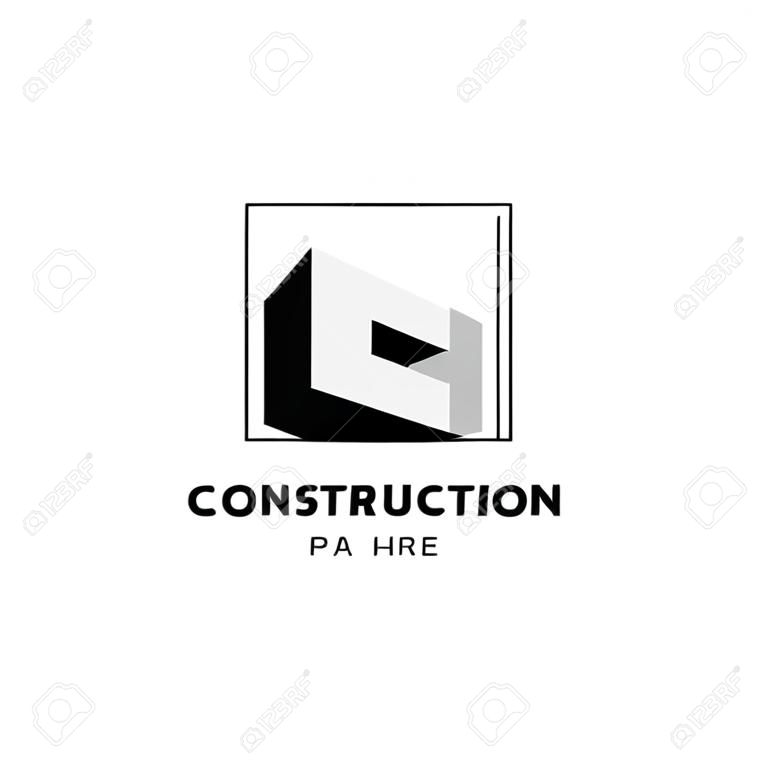 Design del logo di costruzione con icona a forma di lettera P. Lettera iniziale P sul simbolo dell'edificio