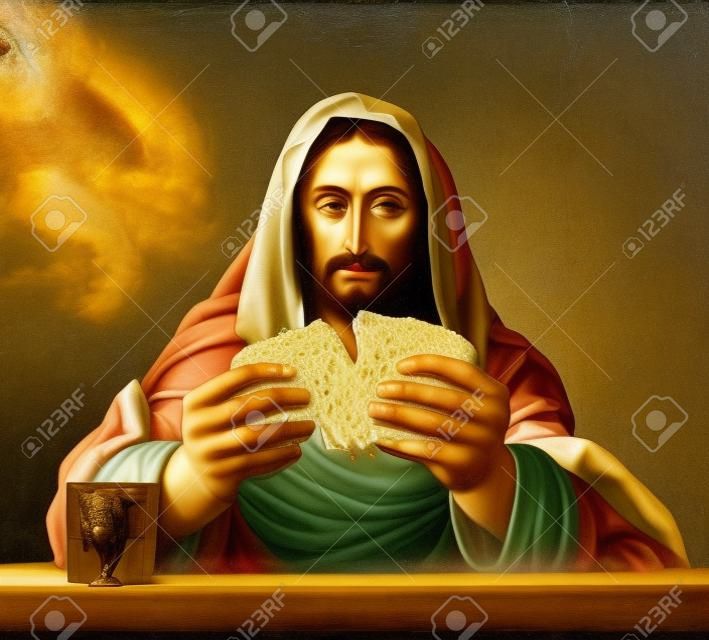 The Last Supper, Jesus breaks the bread.