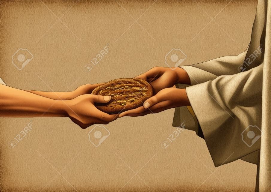 Jesús da el pan a un mendigo en el fondo de color beige