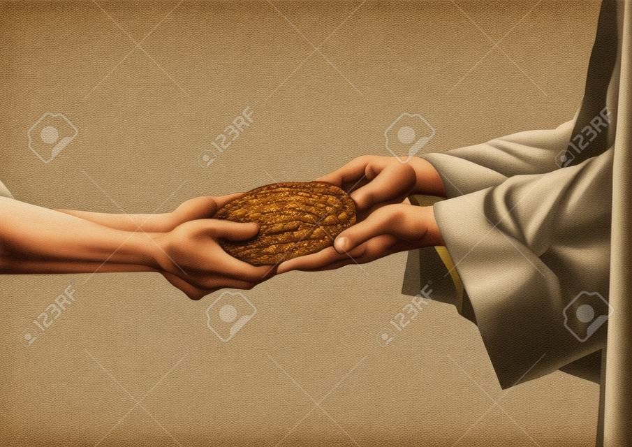 Jesús da el pan a un mendigo en el fondo de color beige