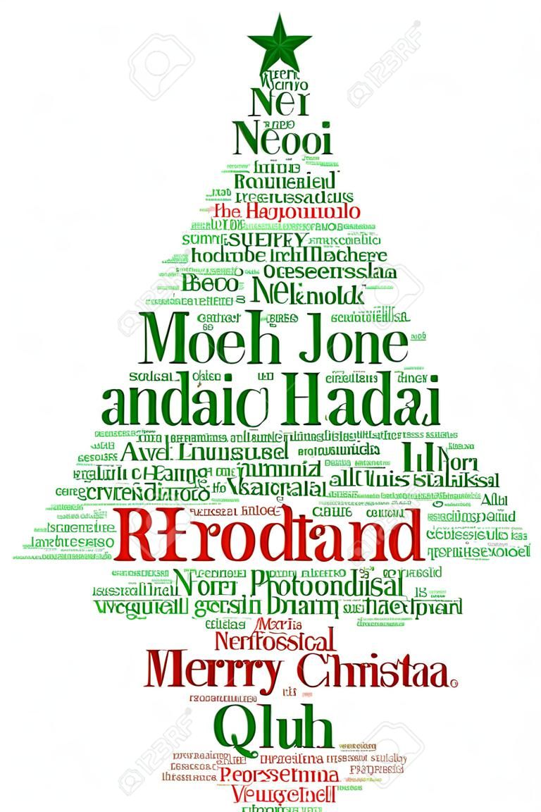 Words cloud, Веселого Рождества на всех языках мира, выполненных с формой рождественской елки и тегами.