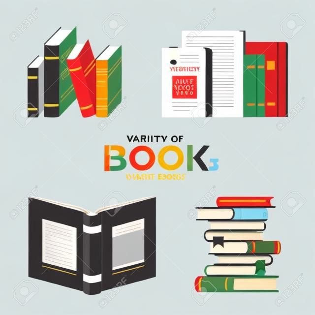 Variedad de libros para diseñadores en el diseño de todo tipo de obras. Ilustración de vector de diseño plano múltiples vistas. hermoso y moderno libro que se puede utilizar en muchos propósitos Eps10 vector.