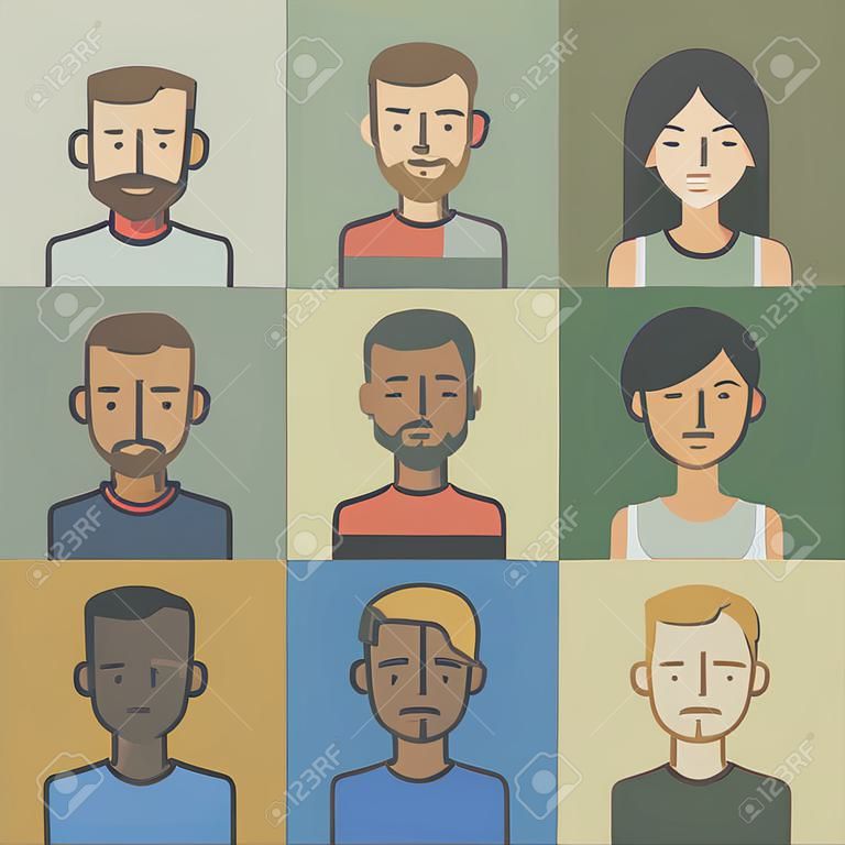 Different male and female character faces avatars, drawn in flat style with thin line icons.