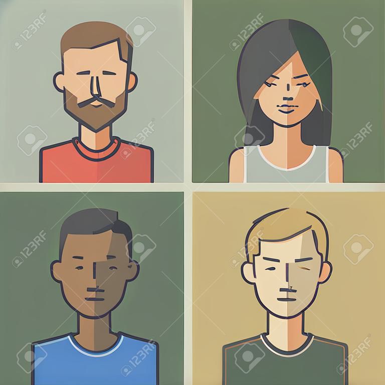 Different male and female character faces avatars, drawn in flat style with thin line icons.