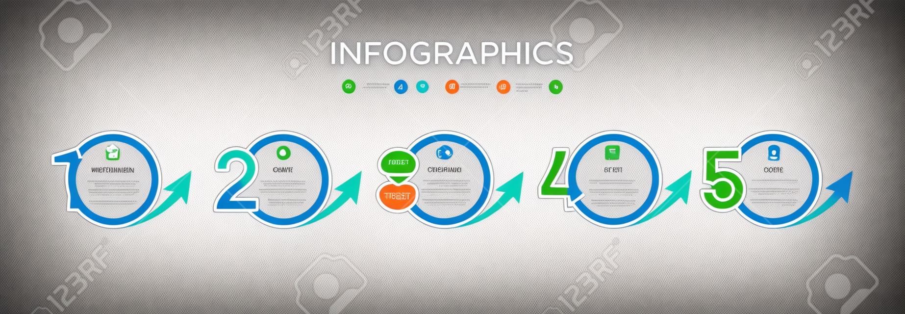 Grafikvorlage für Geschäftsinformationen. Kreisdesign mit Etikett 5 Schritte oder 5 Optionen.
