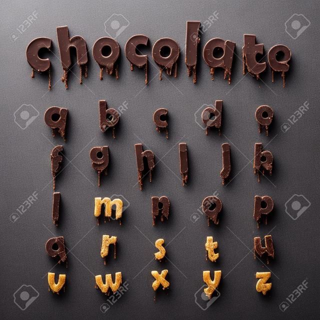 Alfabeto chocolate derretido sobre fondo blanco. Letras minusculas. 26 pequeñas letras del alfabeto Inglés