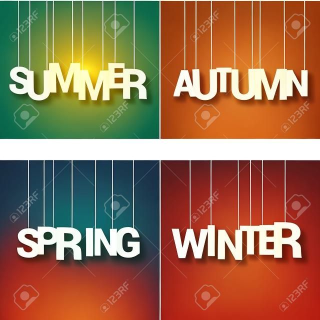 Quattro stagioni. Primavera, estate, autunno e inverno. Lettera di carta appendere corda su sfondo di colore.