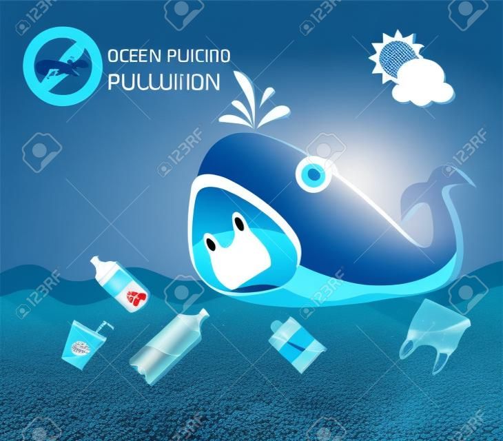 Plastic pollution in ocean environmental problem.Whale eating plastic bags.