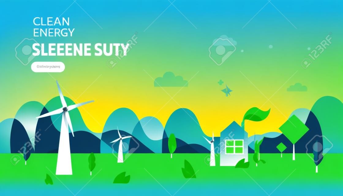 green clean energy sources. renewable electric sun solar panel and wind turbines. environmental concept with people character. web landing page template, banner, presentation, social, and print media