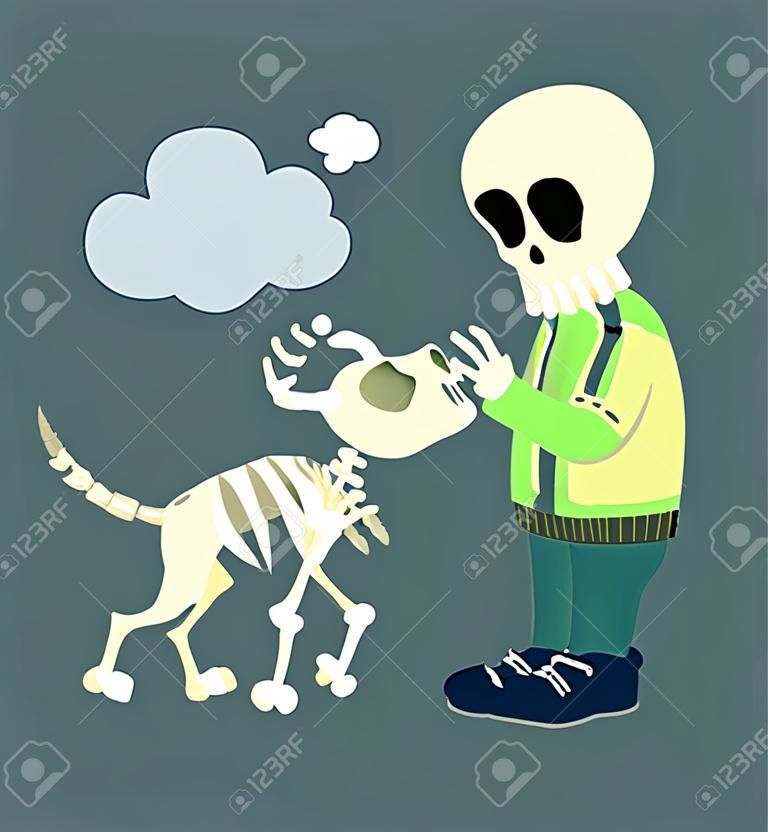 Animierte Menschen- und Hundeskelette. Hund bittet Besitzer um Nahrung. Halloween-Cartoon-Figur isolierte flache Vektorillustration. Halloween-Party-Konzept.