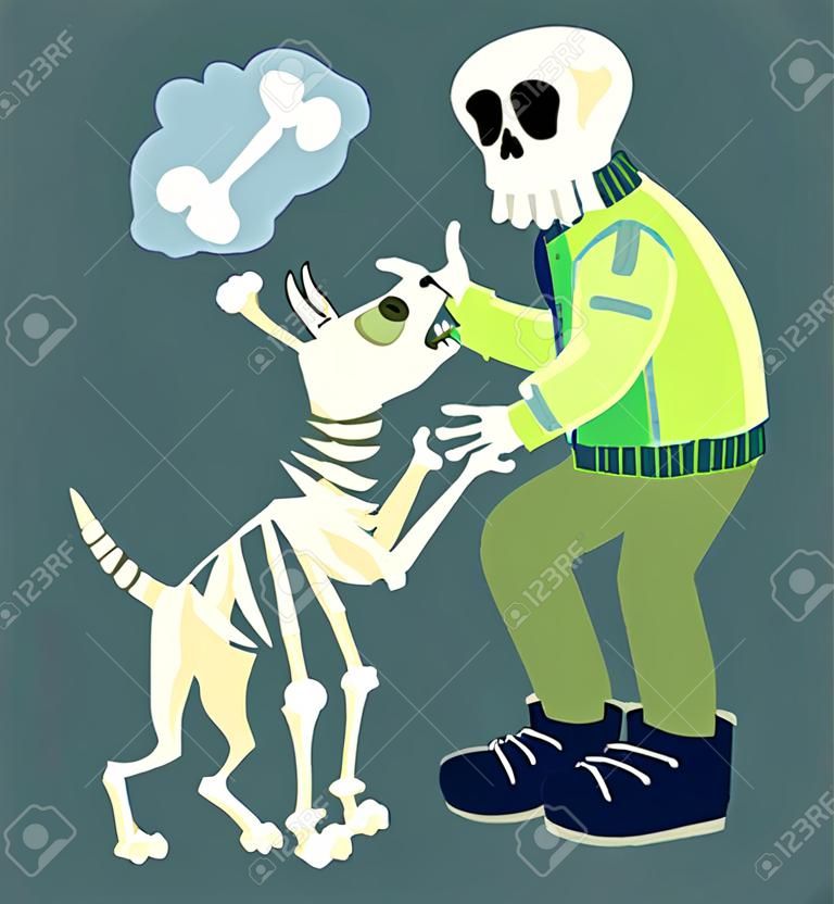 Animierte Menschen- und Hundeskelette. Hund bittet Besitzer um Nahrung. Halloween-Cartoon-Figur isolierte flache Vektorillustration. Halloween-Party-Konzept.