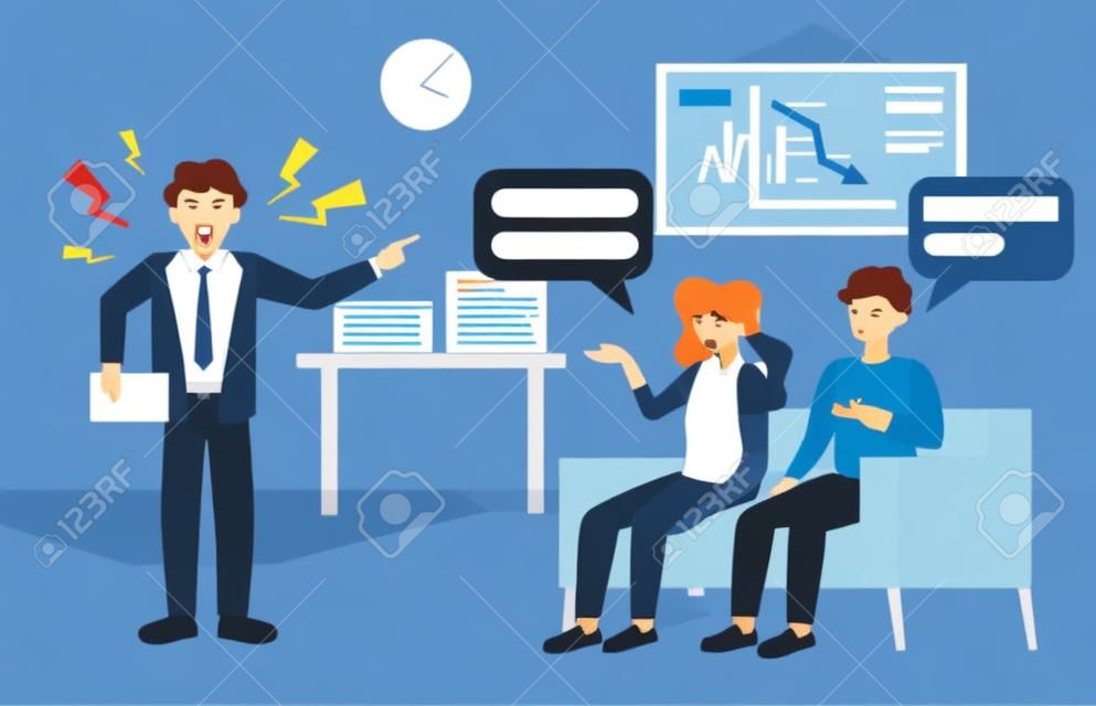 Angry boss shouting at employees for loss. Furious aggressive chief, decrease chart, teamwork mistakes flat vector illustration. Business failure concept for banner, website design or landing web page