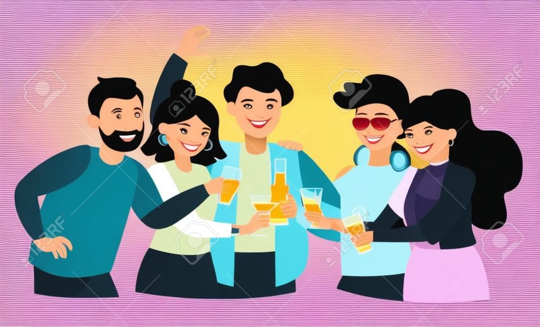 Grupo de amigos que bebem bebidas alcoólicas. Homens e mulheres felizes que brindam a cerveja, o vinho e os cocktails. Ilustração do vetor para o álcool, festa, celebração, aplausos, conceito da amizade