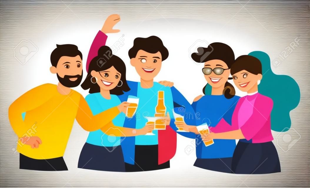 Grupo de amigos que bebem bebidas alcoólicas. Homens e mulheres felizes que brindam a cerveja, o vinho e os cocktails. Ilustração do vetor para o álcool, festa, celebração, aplausos, conceito da amizade