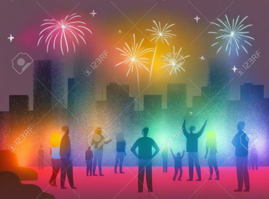Festive city night concept. Crowd of people with children celebrating event and watching firework in sky over cityscape. Vector illustration for celebration, holiday, urban show topics